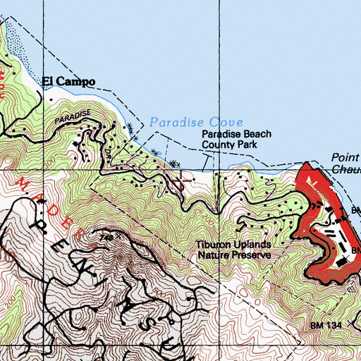 Topographic Map of Paradise Beach County Park, CA