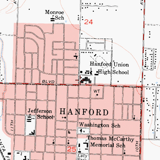 Topographic Map of Hanford High Night Continuation School, CA