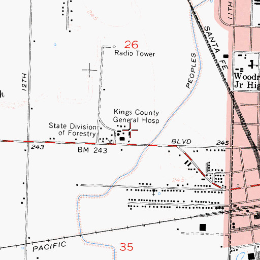 Topographic Map of Hanford High School West Campus, CA