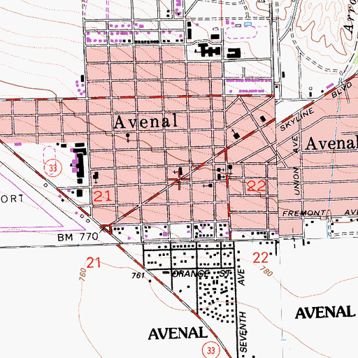 Topographic Map of Avenal Branch Kings County Library, CA