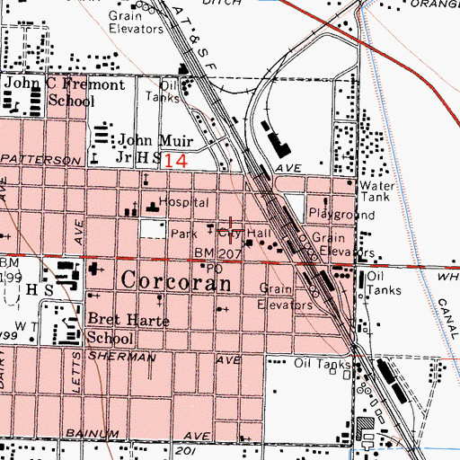 Topographic Map of Corcoran Branch Kings County Library, CA