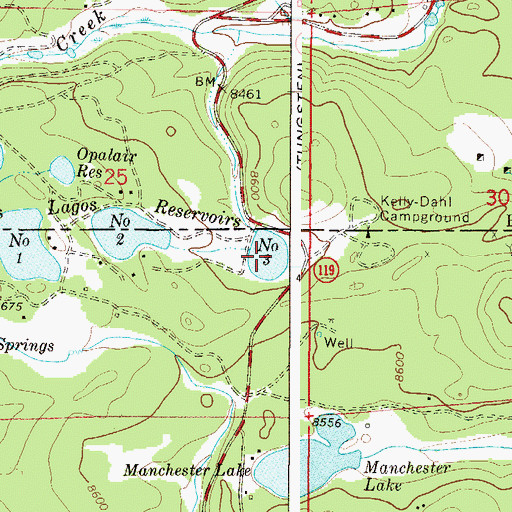 Topographic Map of Los Lagos Reservoirs Number Three, CO