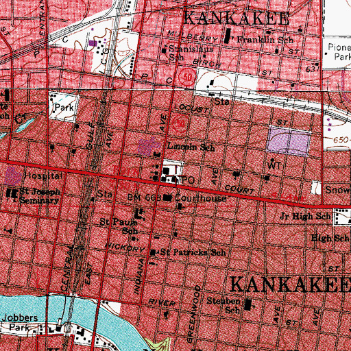 Topographic Map of Kankakee Post Office, IL