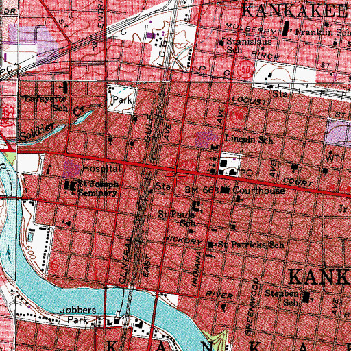 Topographic Map of Kankakee Public Library, IL