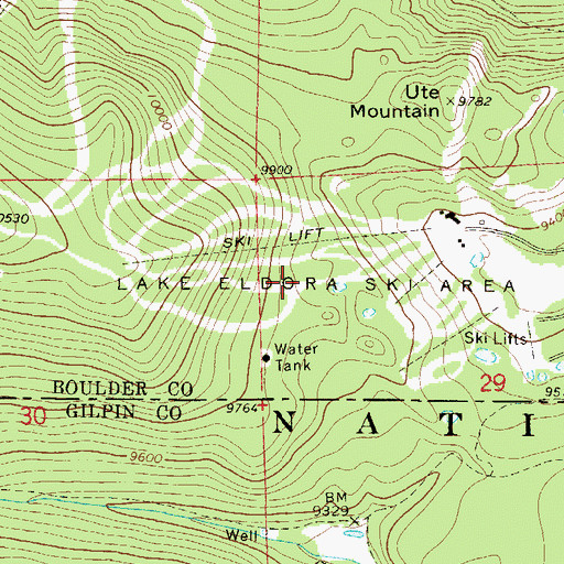Topographic Map of Lake Eldora Ski Area, CO