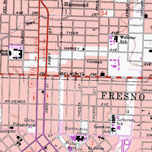Topographic Map of Belmont United Pentecostal Church of Fresno, CA