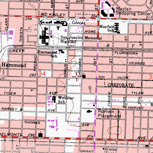 Topographic Map of Fresno Spanish Seventh Day Adventist Church, CA