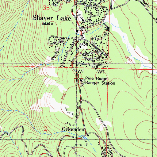 Topographic Map of Shaver Lake Post Office, CA