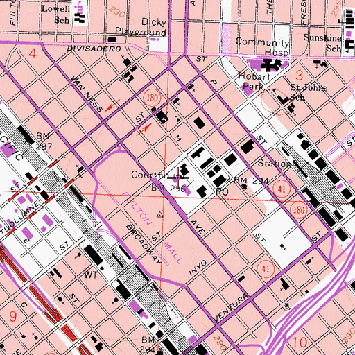 Topographic Map of Fresno County Plaza, CA