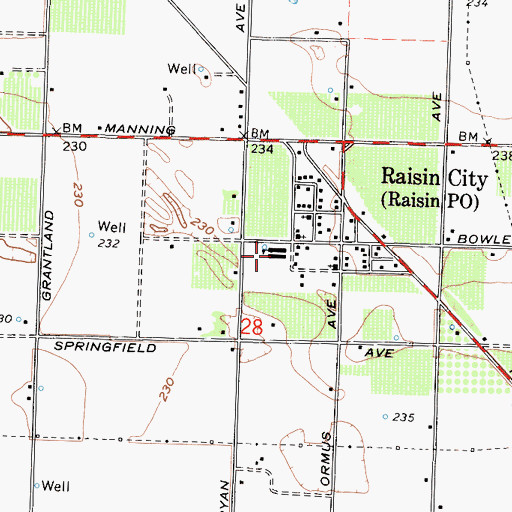 Topographic Map of Raisin City Elementary School, CA