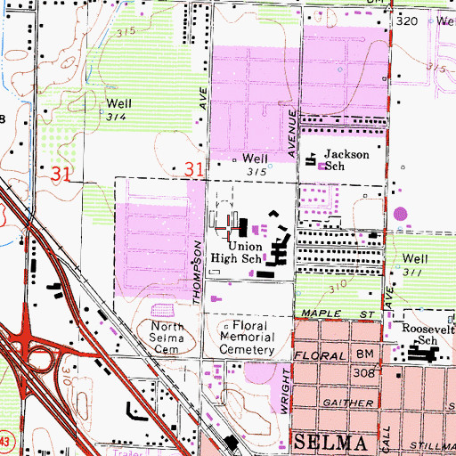 Topographic Map of Selma Adult School, CA