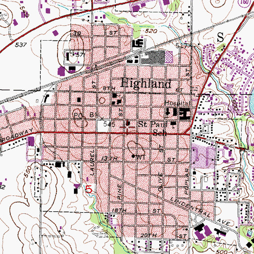 Topographic Map of Highland City Hall, IL