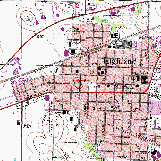 Topographic Map of Highland Post Office, IL