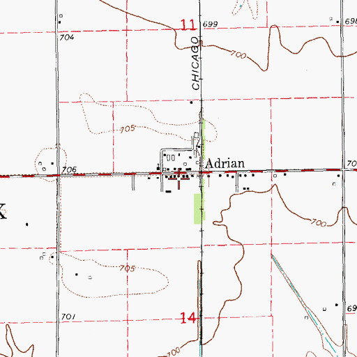 Topographic Map of Adrian Post Office, IL