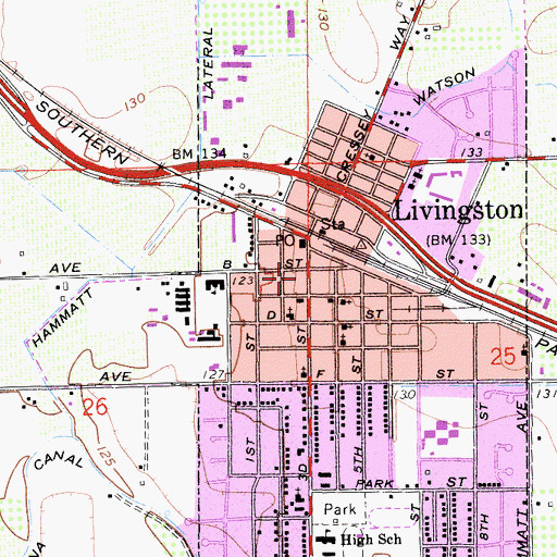 Topographic Map of Livingston City Hall, CA