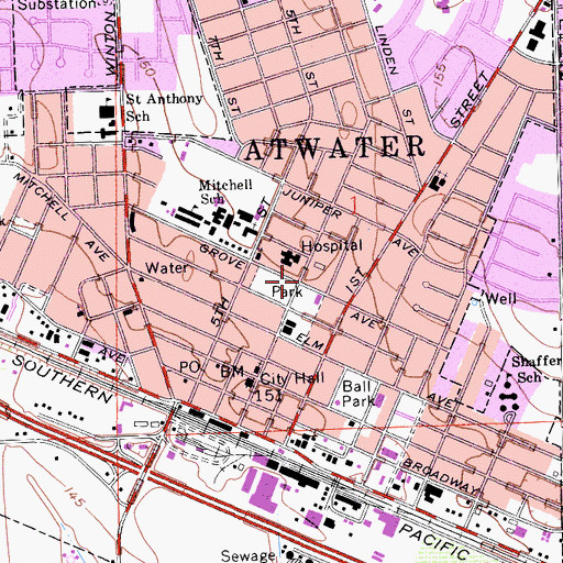 Topographic Map of Atwater Branch Merced County Library, CA