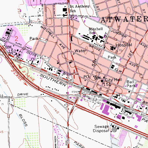 Topographic Map of Atwater Post Office, CA