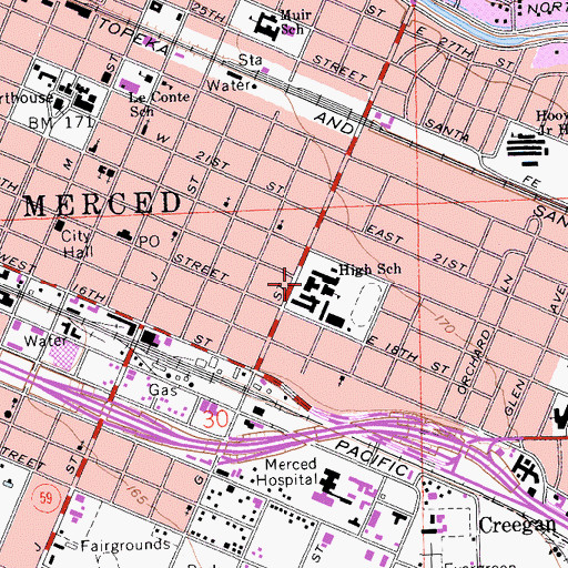 Topographic Map of Merced Adult School, CA