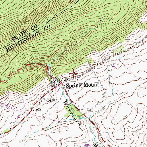 Topographic Map of Spring Mount Cemetery, PA