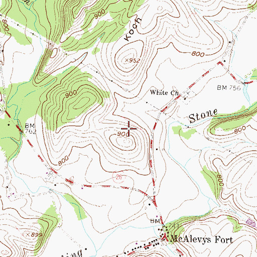Topographic Map of McAlevys Fort Hill Cemetery, PA