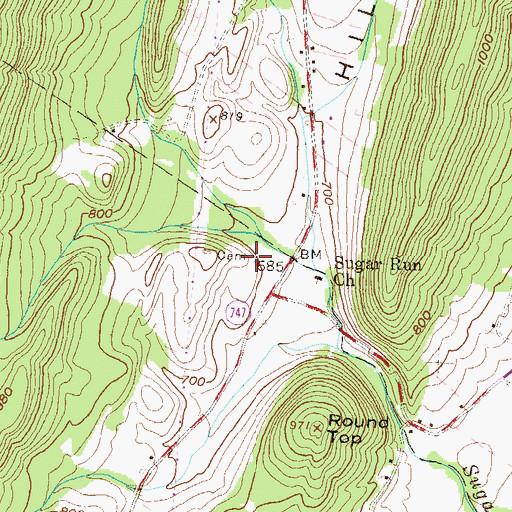 Topographic Map of Sugar Run Brethren Cemetery, PA