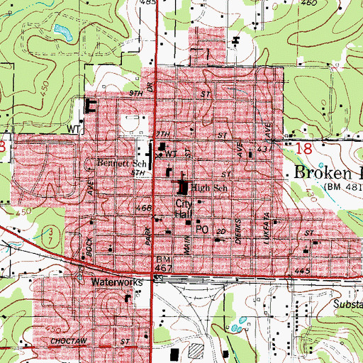 Topographic Map of Broken Bow Post Office, OK