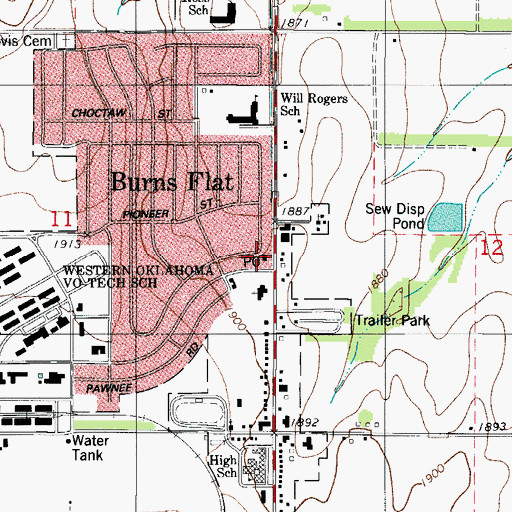 Topographic Map of Burns Flat Post Office, OK