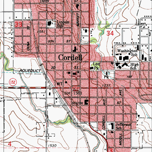 Topographic Map of Cordell Post Office, OK