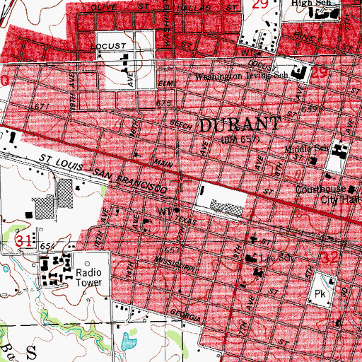 Topographic Map of Durant Post Office, OK