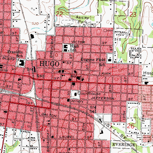 Topographic Map of Hugo Post Office, OK