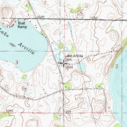 Topographic Map of Lake Arvilla Cemetery, MN