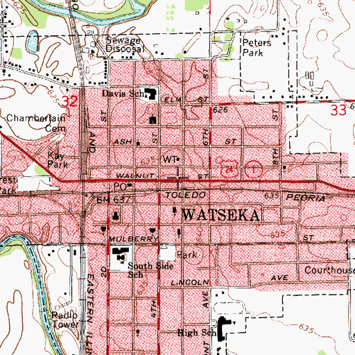 Topographic Map of Watseka City Hall, IL
