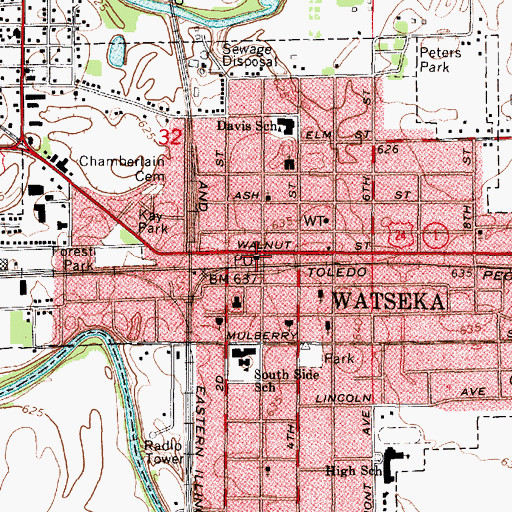 Topographic Map of Watseka Post Office, IL