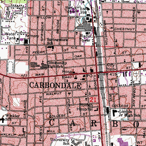 Topographic Map of Carbondale Public Library, IL