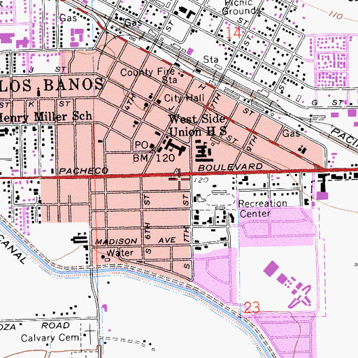 Topographic Map of Los Banos Branch Merced County Library, CA