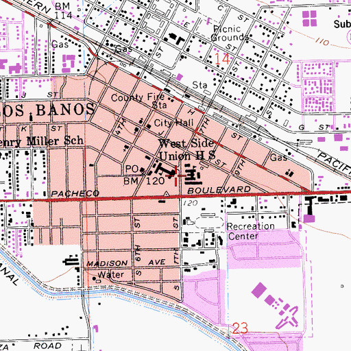 Topographic Map of Los Banos Elementary School, CA