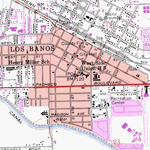 Topographic Map of Los Banos Junior High School, CA