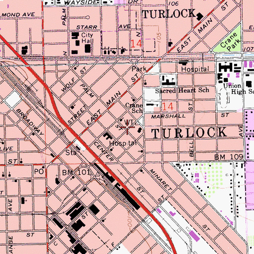 Topographic Map of Turlock City Fire and Emergency Services Station 1, CA