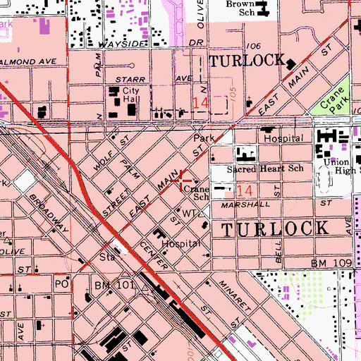 Topographic Map of First Christian Church of Turlock, CA