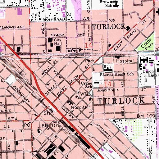 Topographic Map of First Christian Church of Turlock, CA