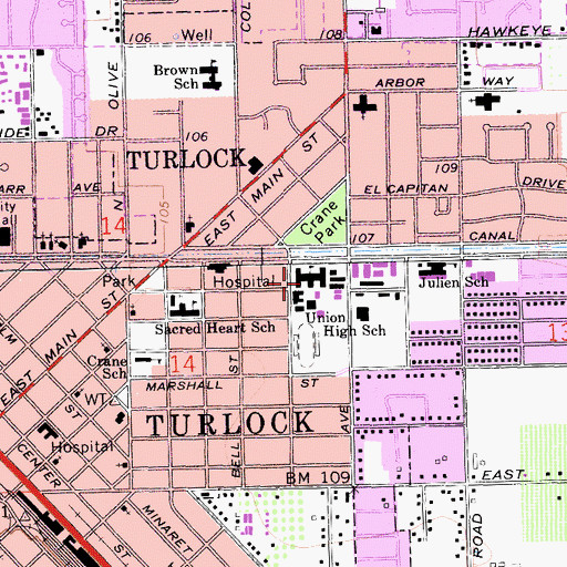 Topographic Map of Turlock Adult High School, CA