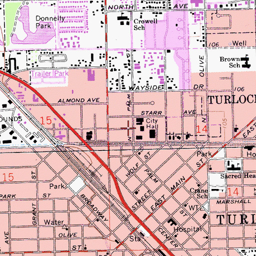 Topographic Map of Turlock City Hall, CA