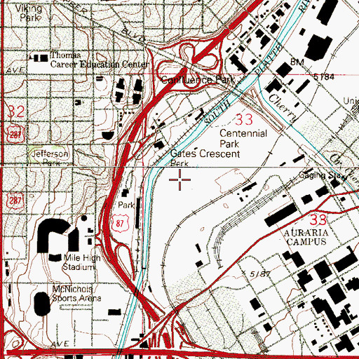 Topographic Map of Elitch Gardens Theme and Water Park, CO