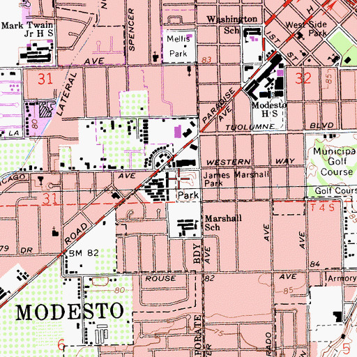 Topographic Map of Modesto Fire Department Station 2, CA