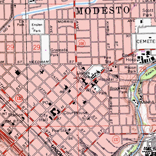 Topographic Map of Modesto Branch Stanislaus County Free Library, CA
