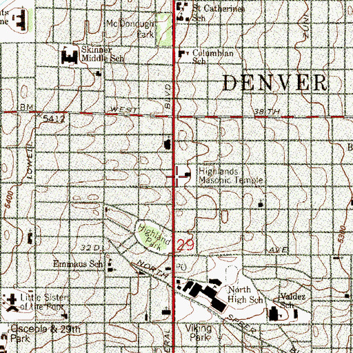 Topographic Map of Highlands Masonic Temple, CO