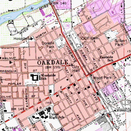 Topographic Map of Oakdale City Hall, CA