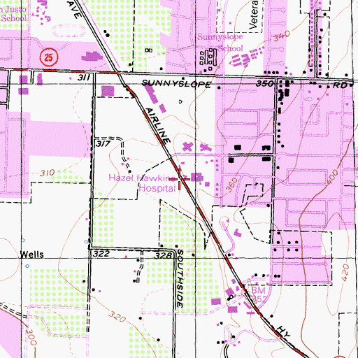 Topographic Map of Hazel Hawkins Memorial Hospital, CA