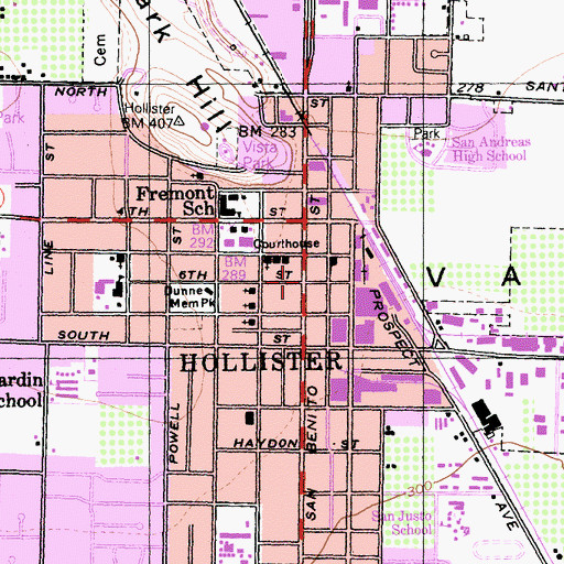 Topographic Map of Downtown Hollister Historic District, CA