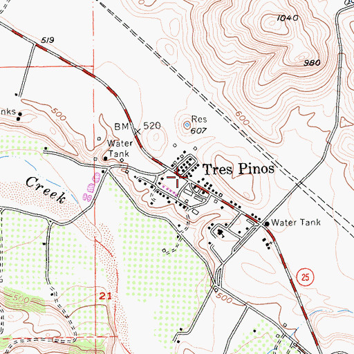 Topographic Map of Tres Pinos Post Office, CA
